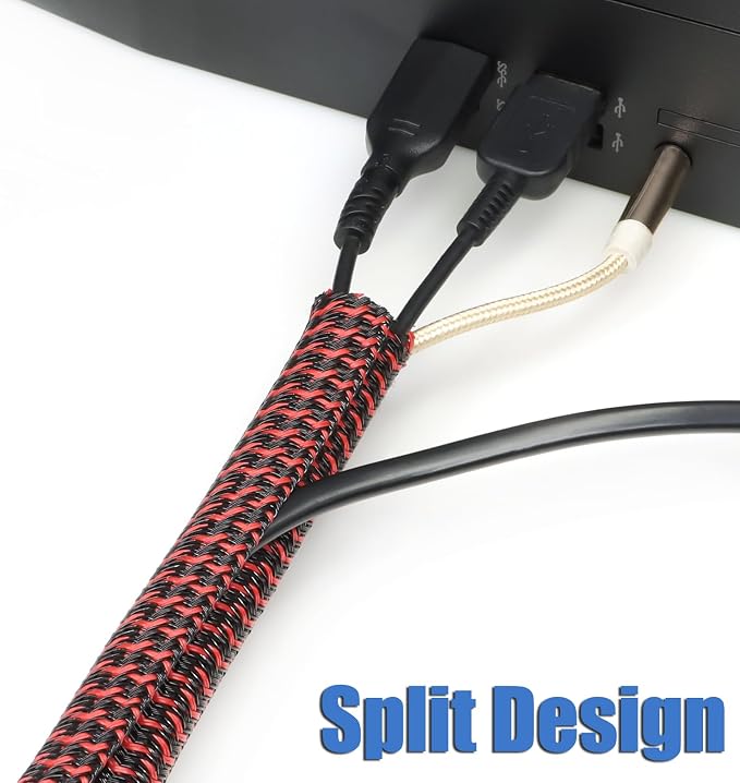 10ft PET Braided Cable Sleeve 3/4 inch(19mm) Wire Protector Cable wrap Wire Covers for Cords Cable Sleeves Cord Management Cable Management Sleeve(Red Black)