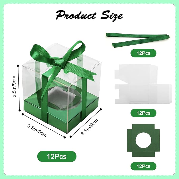 12 PCS Clear Cupcake Boxes 3.5 Inch Cupcake Containers (Green) | Disposable Cupcake Carrier Plastic Individual Cupcake Storage Holder with Ribbons and Inserts for Wedding, Birthday Party