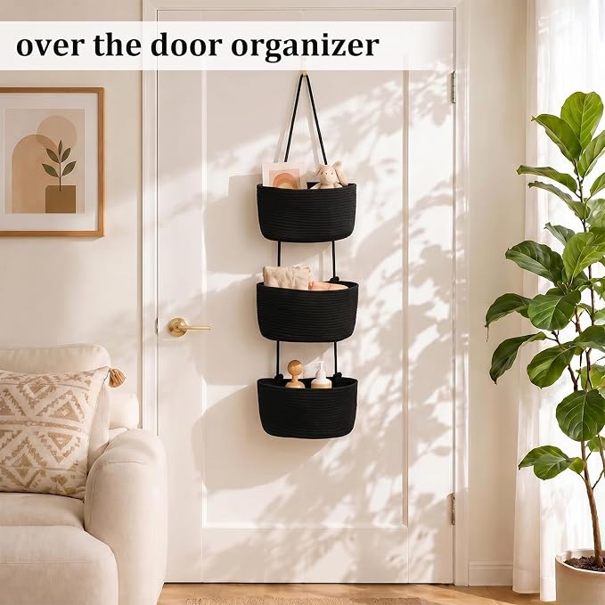 TeoKJ Over the Door Hanging Basket, 3-Tier Woven Cotton Wall-Mounted Storage Organizer Bag Decorative Hanging Nursery Baskets, Black