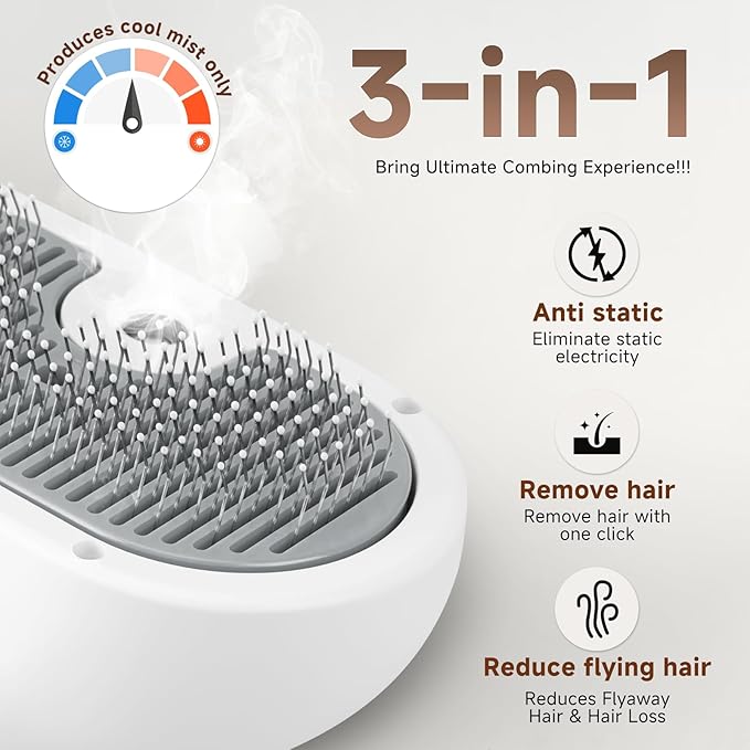 Pet Steam Brush for Dog & Cat - Pet comb leave-inserum for Shedding & Hair Removal - Self Cleaning Spray Comb with Mist for Long Haired Pets - Includes 2*Waterless Shampoo, Grey
