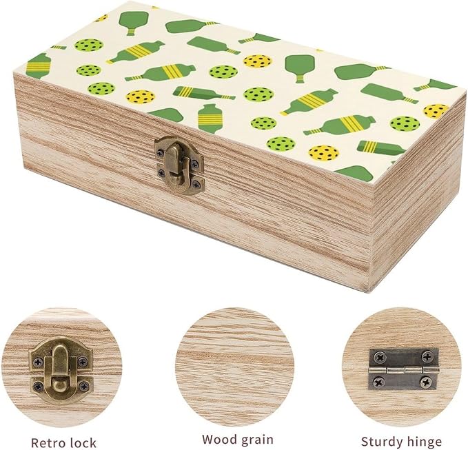 Wooden Keepsake Gift Box with Hinged Lid Small Jewelry Organizer | Pickleball Sports Green Memory Storage Decorative Boxes, for Photos, Letters
