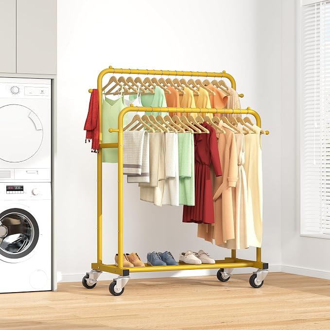 Laiensia Double Rods Garment Rack with Wheels, Clothing Rack for Hanging Clothes,4 Hooks, Multi-functional Bedroom Clothes Rack, Gold