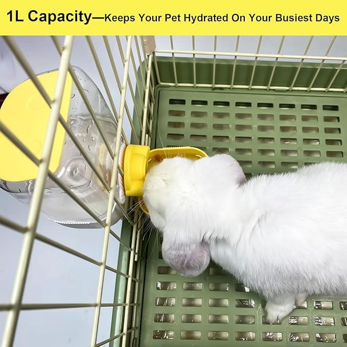 35oz Rabbit Water Bottle, Pet Hanging Automatic Water Dispenser for Small Animal Ferret Guinea Pig Chinchilla Dog Cat (Cage Grid Spacing 1.2''-2.1'') (Yellow)