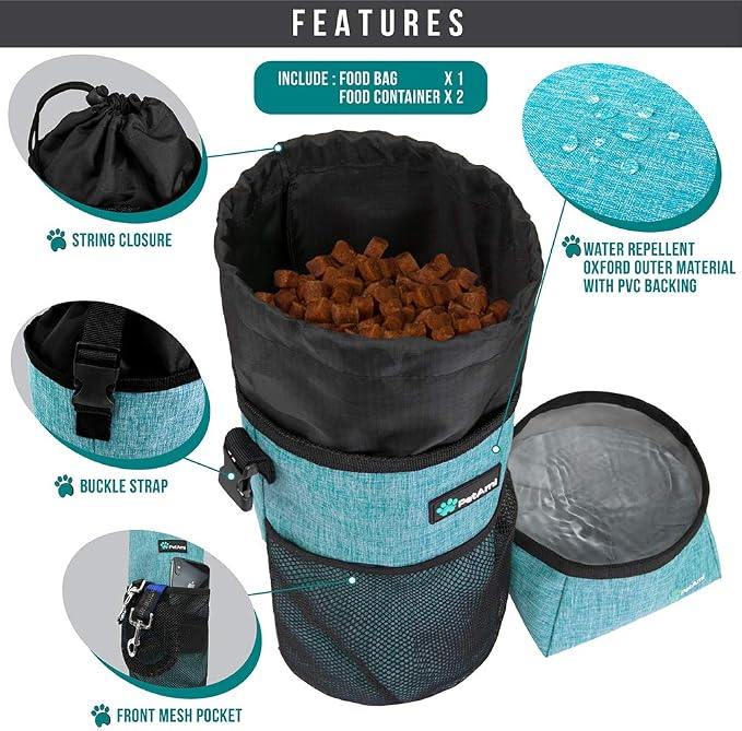 PetAmi Travel Dog Food Bag with 2 Collapsible Bowls Waterproof Dog Kibble Storage & Foldable Food Water Bowls for Dogs & Cats, Hiking & Camping (Sea Blue, Grey)