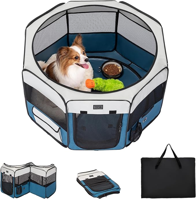 PETSFIT Portable Dog Playpen 29", Removable Waterproof Mat, Zippered Roof | 3-Second Setup, Collapsible Storage, RV Camping Travel, Indoor Outdoor Use, Small Dogs and Cats, 29.5"L x 29.5"W x 16.5"H