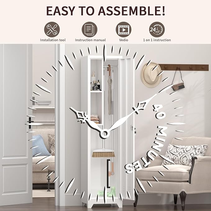 Slim Broom Closet Storage Cabinet, 65" H Metal Cabinets with Lock and Shelves & S-Hooks, Utility Closet, Narrow Storage Cabinets for Home Office, Pantry, Bathroom, Garage, White