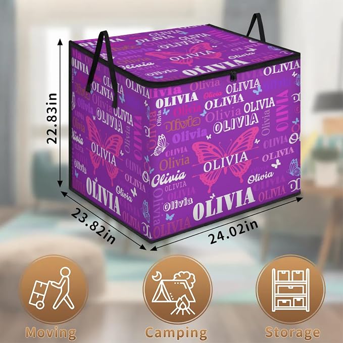 Personalized Name Foldable Storage Basket Cubes with Lid, Laundry Hamper Dirty Clothes Storage Bin with Handles for Shelf Home Closet Kitchen, Dark Voilet Purple Background with Butterfly