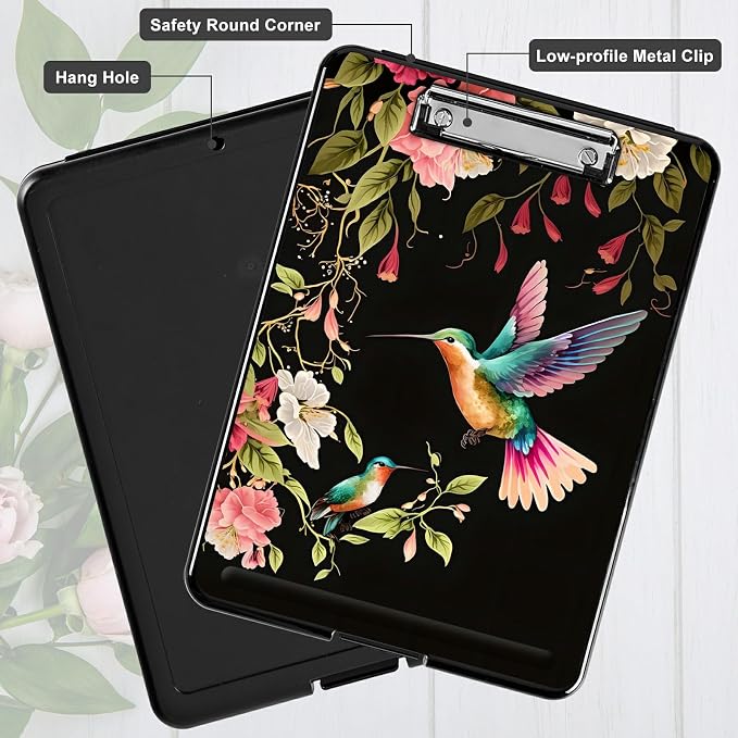A4 Clipboard with Storage Pen Holder, Clipboards Organizer Nursing Clipboard Foldable File Folder Plastic Clipboard Folio Clip Board for Office Students Classroom Doctor, Flower Hummingbird