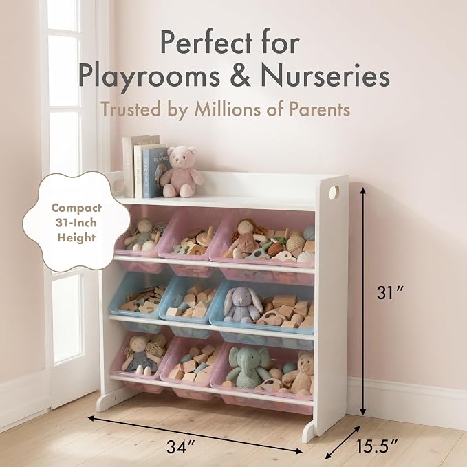 Humble Crew Kids Toy Organizer with Display Shelf, 9 Bins, 3 Tier Storage | Sturdy wood and steel toddler shelf, removable BPA-free containers, wall anchor anti-tip safety kit for bedroom or classroom