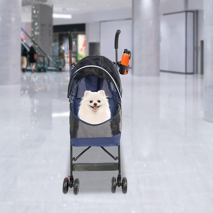 2 Wheels Pet Stroller, Foldable Pet Strolling Cart with Storage Basket and Cup Holder, Puppy Kitty Stroller with Weather Cover, Travel Gear for Medium Small Dogs and Cats Under 22lbs (Blue)
