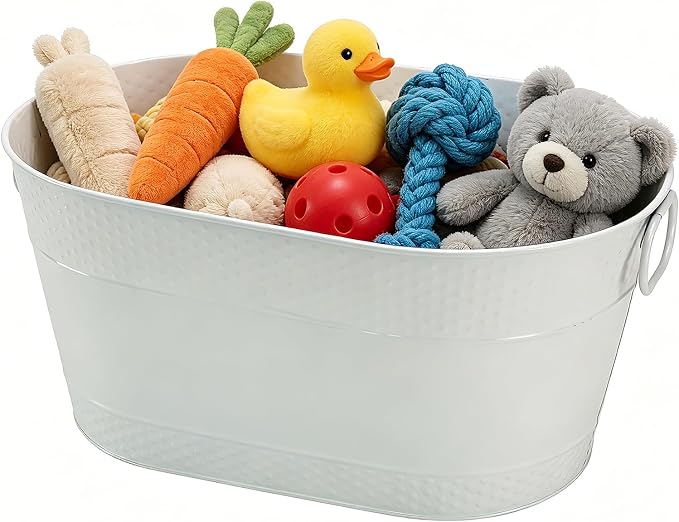 Indestructible Metal Dog Toy Bin, White Galvanized Storage Bin with Handles, Puppy Basket for Blankets, Leashes, Pet Toy Box for Living Room (25-Quart)