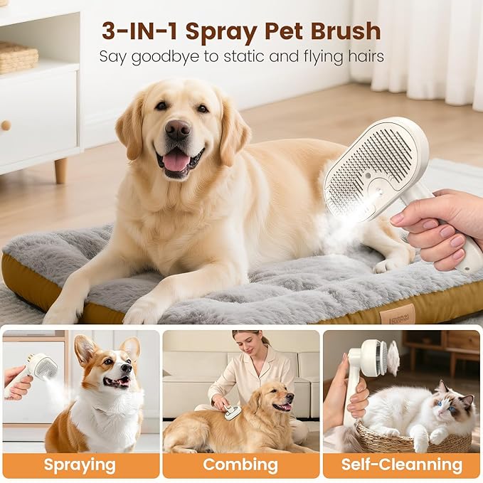 Glendan Pet Steam Brush for Shedding - 3-in-1 Spray Grooming Comb for Dogs & Cats - Self-Cleaning Mist Brush Softens Fur & Reduces Static - Ideal for Long Short Hair and Bath-Hating Pets