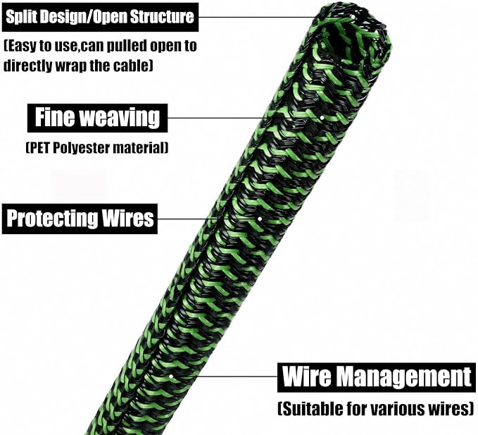 PET Braided Cable Sleeve Wire Protector Cable wrap Wire Covers for Cords Cable Sleeves Cord Management Cable Management Sleeve(10 Feet, Green Black, 25mm(1 inch))