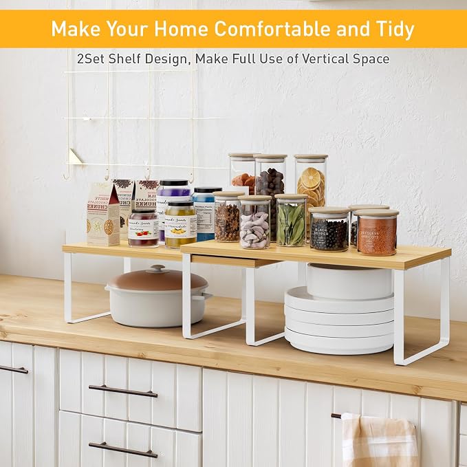 OGEMXU Cabinet Shelf Organizers, 15.7 inches Large Kitchen Counter Shelf, Set of 2 Wood Kitchen Pantry Organizer, Storage Shelves for Countertop, Spice Rack, Stackable, Expandable, Metal White, Nature