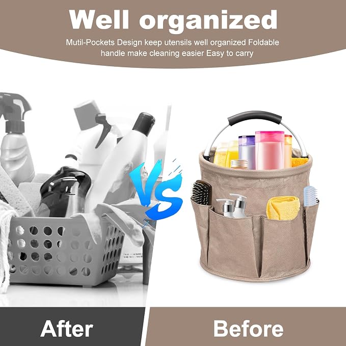 17L Portable Cleaning Bucket Organiser, 6 Pockets Foldable Cleaning Caddy with Handle Wearable Cleaning Caddy Bag for Outdoor Camping Garden Harvest Basket Home Bathroom Storage (Khaki)