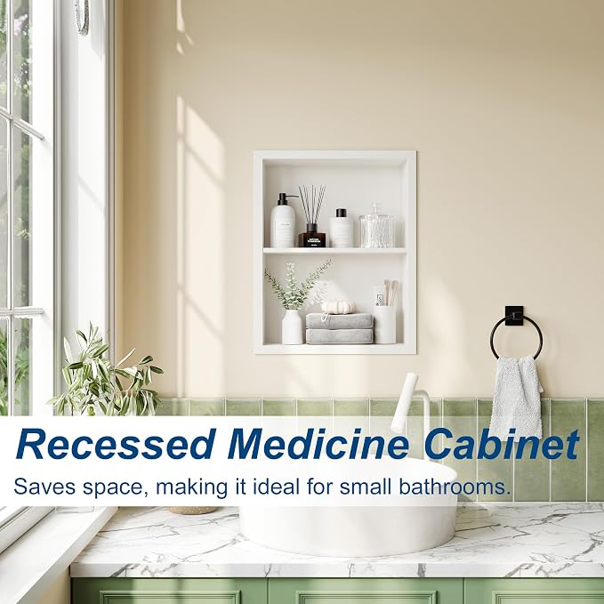 Qeke 14x 18 Medicine Cabinet Recessed with Double Shelves, Matte White | 304 Stainless Steel Medicine Cabinet without Mirror, No Tile Needed Wall Niche for Bathroom Storage, Space Saving & Durable