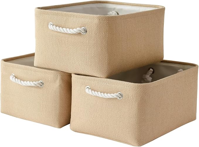 Organization and Storage Bin for Shelves - Large 3 Pack 16x12x8 inch Storage Basket for Organizing, Canves Storage Cubes for Organizer Toy Closet Cloth Gift (Beige)