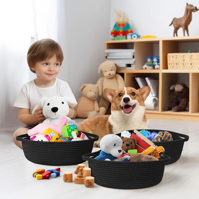 Small Basket for Gifts Empty, Woven Cotton Rope Gift Basket, Cute Kids Dog Cat Toy Bin Box, Baby Nursery Organizer, Decorative Storage Bin for Shelves, Easter, Home Decor, 13"x9"x5", Black