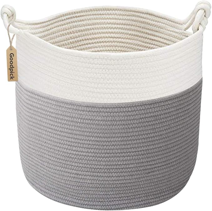 Goodpick Woven Rope Blanket Basket Living Room, 40L, Grey | Small Laundry Basket for Organizing Baby Clothes, Blankets & Pillows, Great for Bedroom Nursery Home Décor