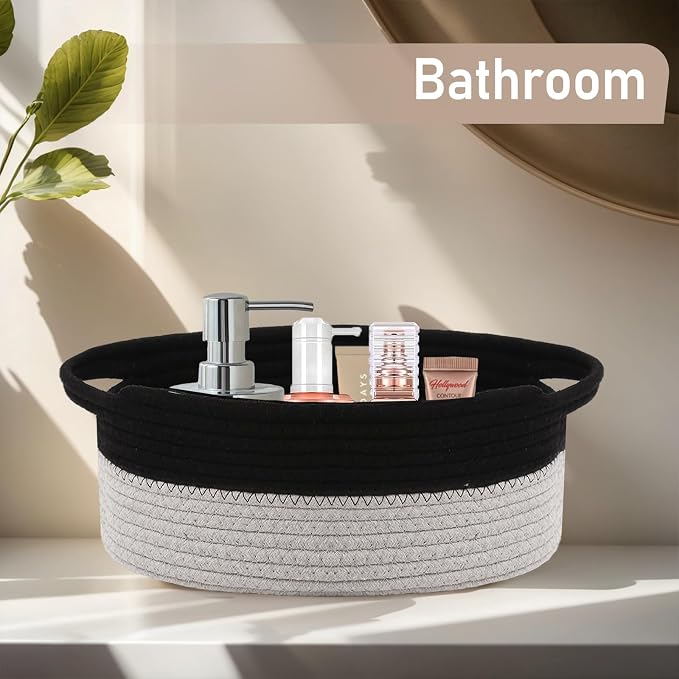 JMvicyroam Small Woven Basket, Empty Gift Basket, Black&Grey/2 Pack | Small Gift Basket, Cotton Rope, 12 x 8 x 79 in, Handles, Includes Ribbon and Bag, Birthday Gift Basket