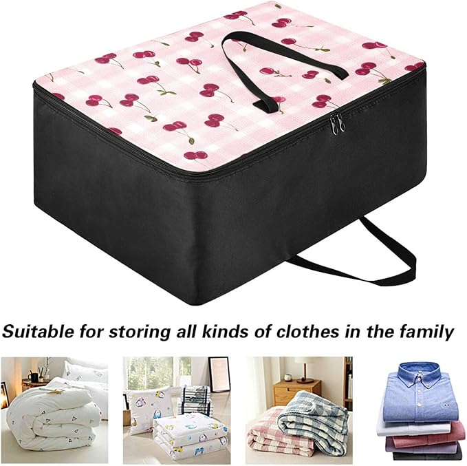 Comforter Storage Bags Large Folding Blanket Organizer Bag with Strong Handles Clear Window Closet Storage Containers for Clothes King Queen Pillows Bedding Quilt Duvet Pink Gingham Cherry