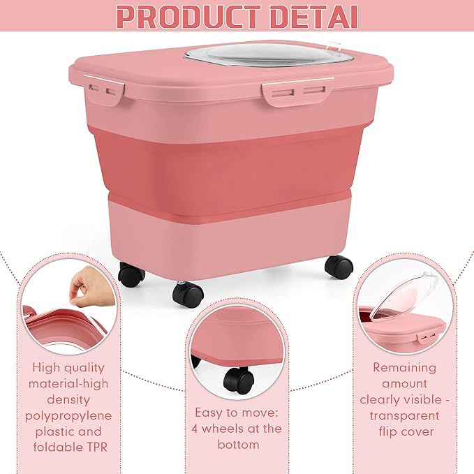 Juexica Collapsible Cat Litter Storage Bin Container with Rolling Casters, 20 Lbs Portable Cat Litter Storage Container with Airtight Lids, Shovel, Kitchen Cereal Rice Leakproof Sealable(Red)