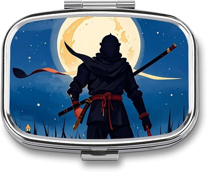 Moonlight Watercolor Style Ninja Pill Box 2 Compartment Medicine Pill Case Portable Pill Organizer for Pocket Or Purse Decorative Metal Medicine Vitamin Organizer