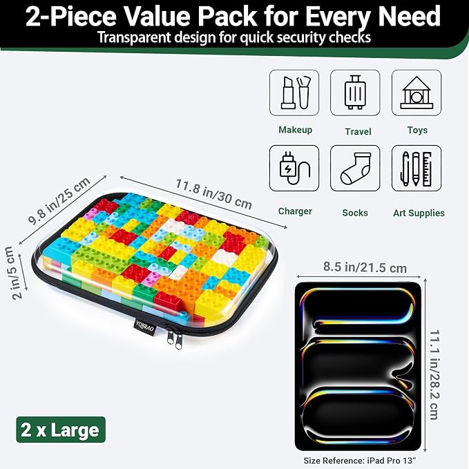 YQBRAO Clear Hard Shell Storage Organizer Set, 2-Pack, Black | Two large rigid PET organizers for electronics, travel, office and everyday organization
