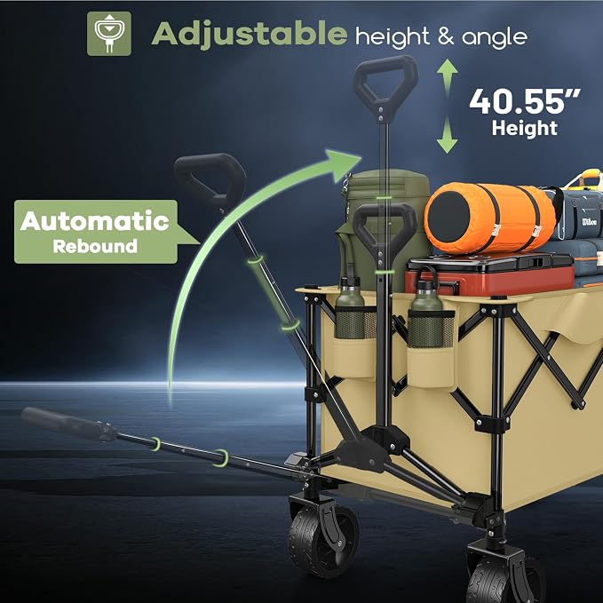HIKEMOON 150L Collapsible Wagon Compact with Big Wheels, 420LBS Khaki | Wagons Carts Foldable, Heavy Duty, Portable, All-Terrain, Utility Folding Cart for Shopping/Beach/Garden/Camping/Sports