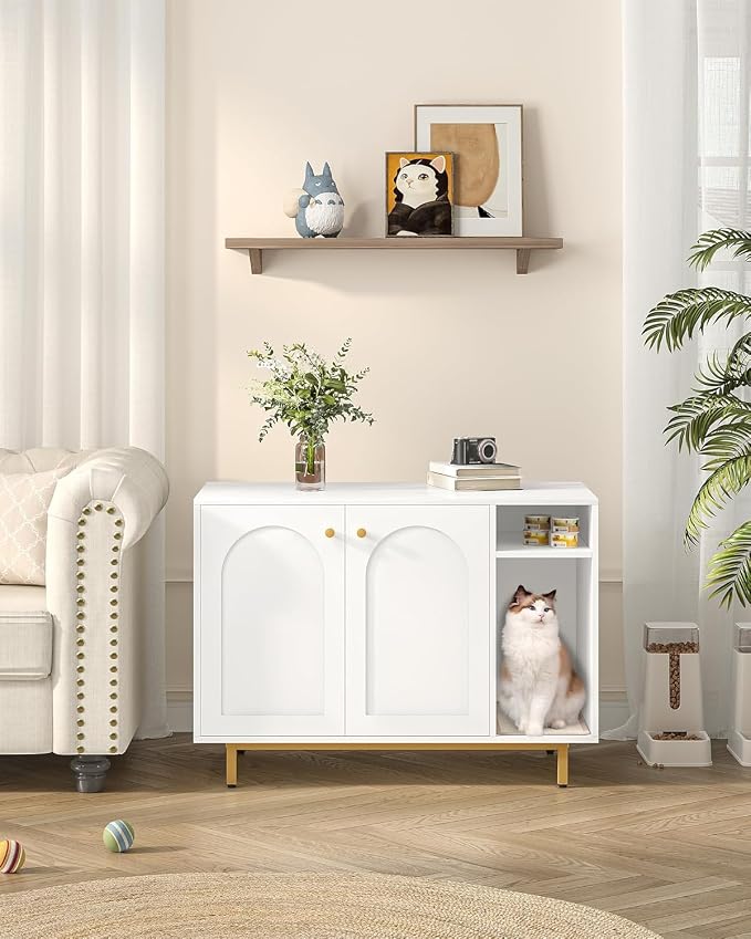 Hzuaneri Cat Litter Box Enclosure,Hidden Litter Box Furniture with Storage | Large Wooden Cabinet with Sisal Mat, Modern Cat Washroom for Living Room, Bedroom, Entryway, White and Gold CB84903A