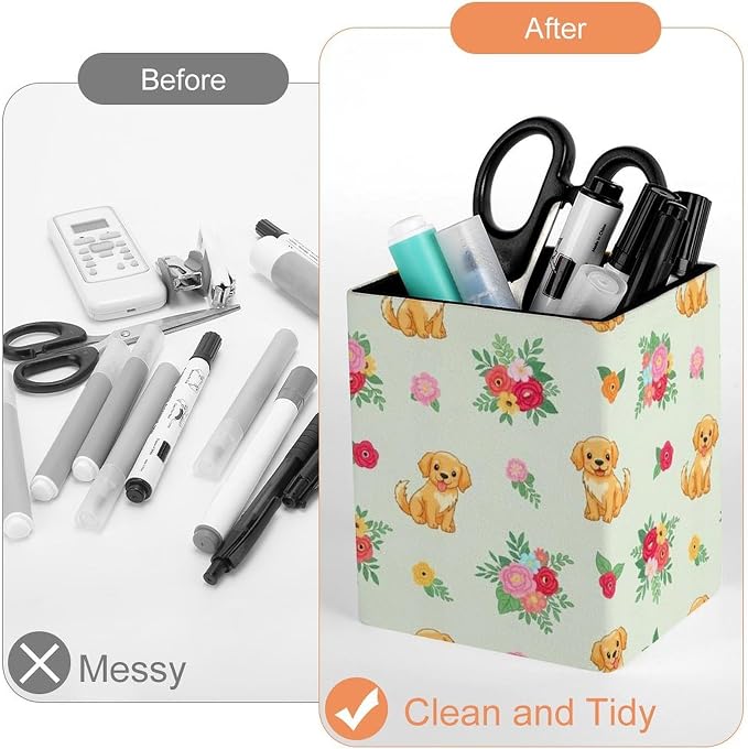 PU Leather Pencils Holder Organizer Case Golden Retriever Floral Dogs Desktop Pencil Cup Holder Stationery Container Box Office Makeup Brush Organization