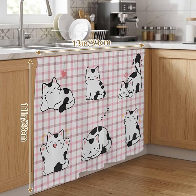 Cute Cat Sink Skirt 11"Wx13"L,Dustproof Under Sink Curtain with Self Adhesive Tape,Modern Playful Pet Cats Pink Brown Plaid Cabinet Curtain Cover for Bathroom Vanity,RV,Kitchen Cabinet Storage Shelf