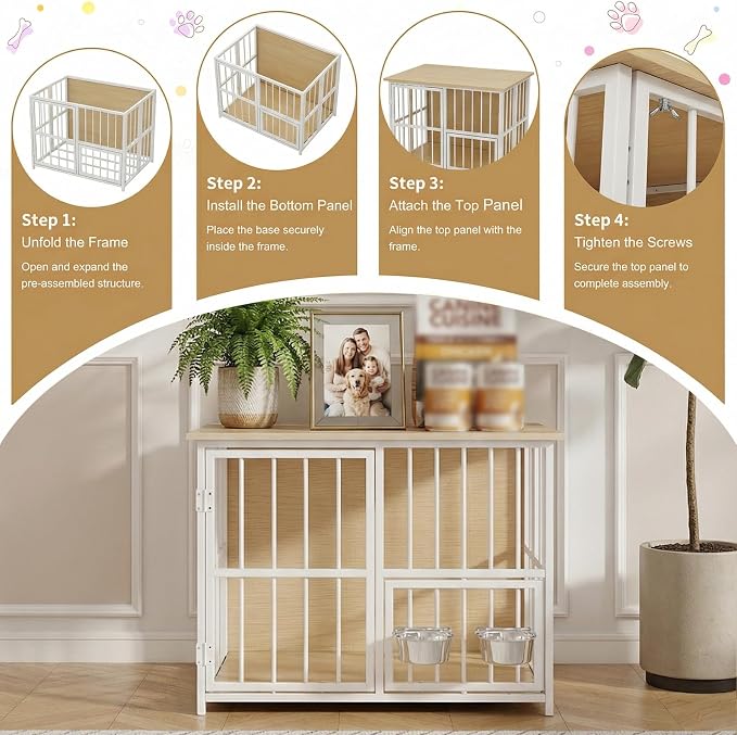 Hadulcet 27'' Foldable Dog Crate Furniture, Small Dog Kennel with 2 Bowls | Wooden Crate Table with Storage Top, Furniture Style Indoor Kennel for Small to Medium Dogs with Rotating Food Door, Oak