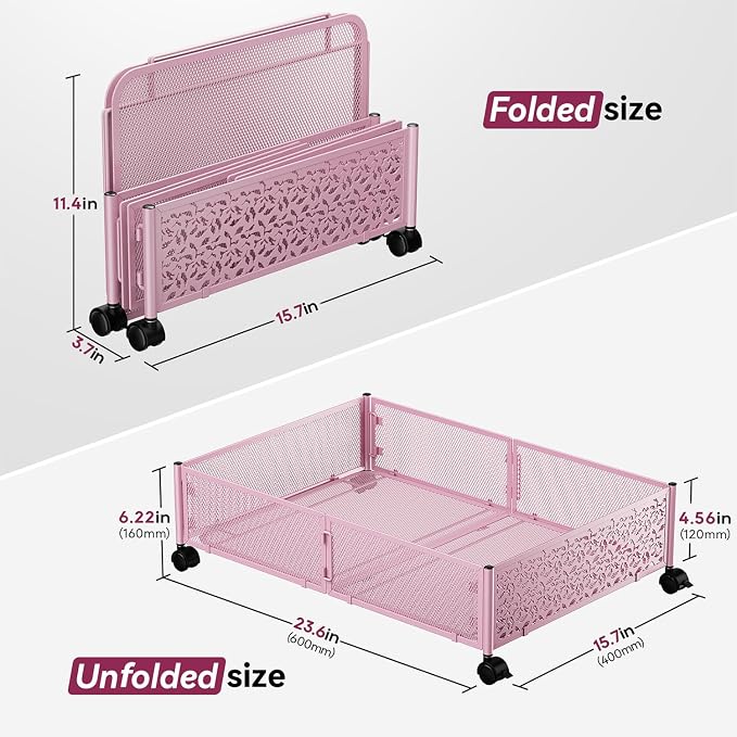 Under Bed Storage Container with Wheels,Patterned,Metal,2 Pack,Pink | Tool-free assembly, glide smoothly, easy reach, foldable, maxmazie low-profile beds, dorm, keep seasonal clothes, shoes fresh