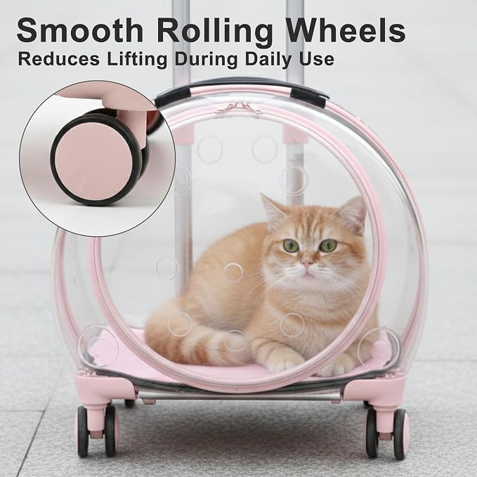 Transparent Hard Shell Cat Carrier with Wheels, Pink | Rolling cat carrier, 17-lb max load, Breathable, Telescoping handle, Shoulder strap, Clear pet carrier, Portable, Travel