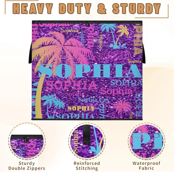 Personalized Name Large Storage Basket with Lid, Bright Purple Sequins Glittering Yellow Blue Palm Trees Storage Bins Quilt Clothes Organizer for Bedroom, Bathroom, Nursery, Shelves, Closets