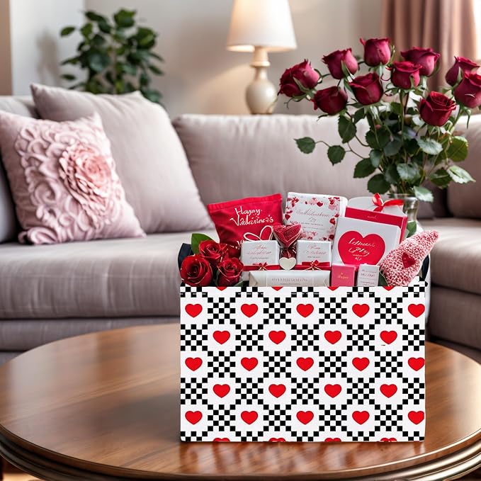 Valentine's Day Basket for Gifts Empty Cute Heart Large Gift Basket Decorative Storage Bin for Kid and Baby Room Décor (Black and White Checkered Heart)
