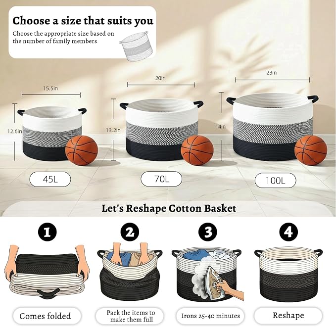 Artfeel 40L Large Cotton Rope Basket, Decorative Woven Blanket Storage for Living Room, Boho Toy Storage & Toy Box for Kids, Versatile Laundry Basket & Nursery Hamper for Blankets(Black)