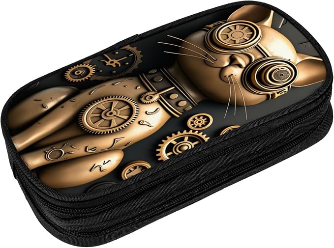 Steampunk Cat Pencil Pouch, Oxford Cloth Pen Case With Double Zipper Compartments, Portable Stationery Organizer For Office Supplies, Travel Accessories Makeup Items
