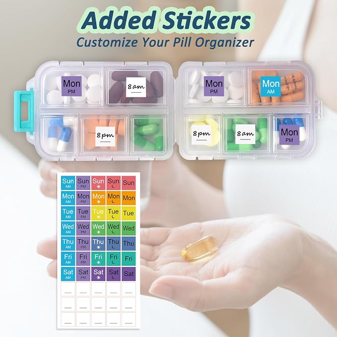 2 Pack Pill Organizer Travel Case - 10 Compartments Weekly Daily Medicine Container with 330 Labels, Double Lock Design, Portable for Purse/Car/Office (White & Grey)
