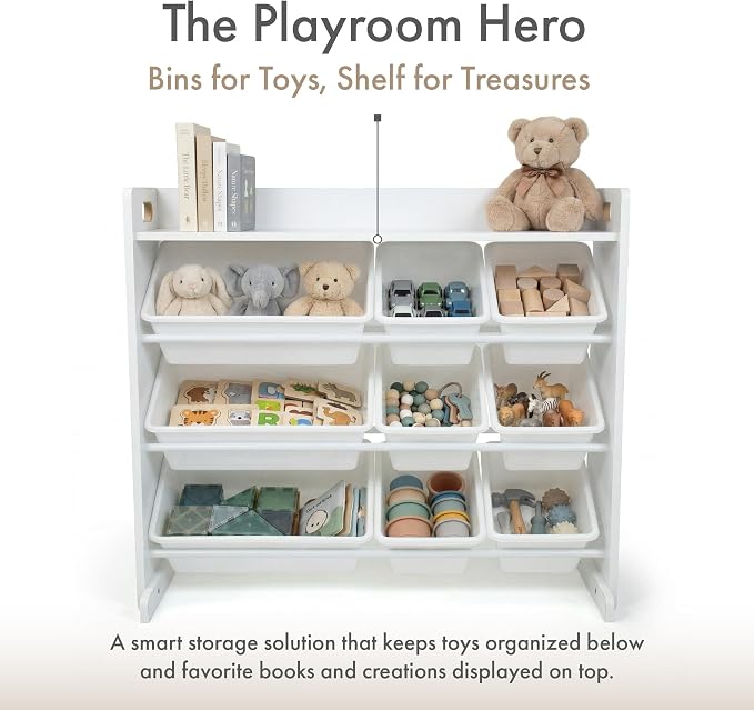 Humble Crew Kids Toy Organizer with Display Shelf, 9 Bins, 3 Tier Storage | Sturdy wood and steel toddler shelf, removable BPA-free containers, wall anchor anti-tip safety kit for bedroom or classroom