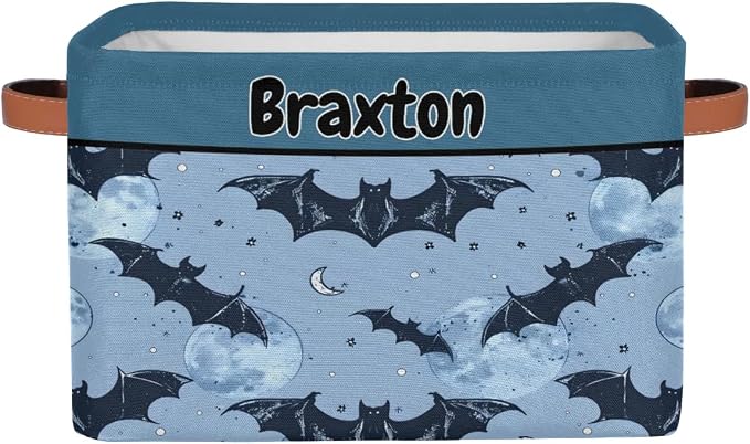 Personalized Storage Bins, Customized Name Storage Basket Rectangle Clothes Organizer for Organizing Kids and Pets Toys Shelf Closet, Dark Blue Bat with Stars