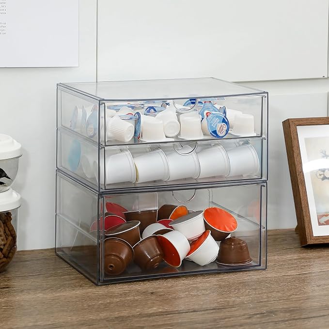 Clear Desk Drawer Organizer, 2 Pack, 3 Drawers | Stackable Desk Organizer and Accessories, For Home Office Supplies, Marker Pen, Art Crafts, Stationery, Coffee Pods
