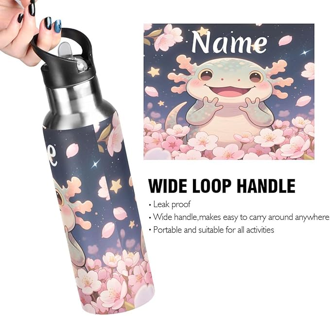 Custom Name Axolotl Cherry Blossom Water Bottle with Straw Lid Kids Insulated Stainless Steel Water Flask Sports, 20 Oz Hot Cold