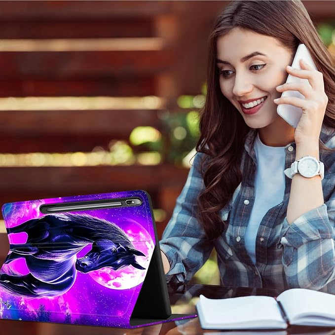 Case for Samsung Tab S10 Ultra/S9 Ultra/S8 Ultra 14.6" 2024/2023/2022 | Slim Leather Smart Cover with Multi-Angle Anti-Slip Stand [Auto Wake/Sleep] Shell for Women Men, Purple Black Horse