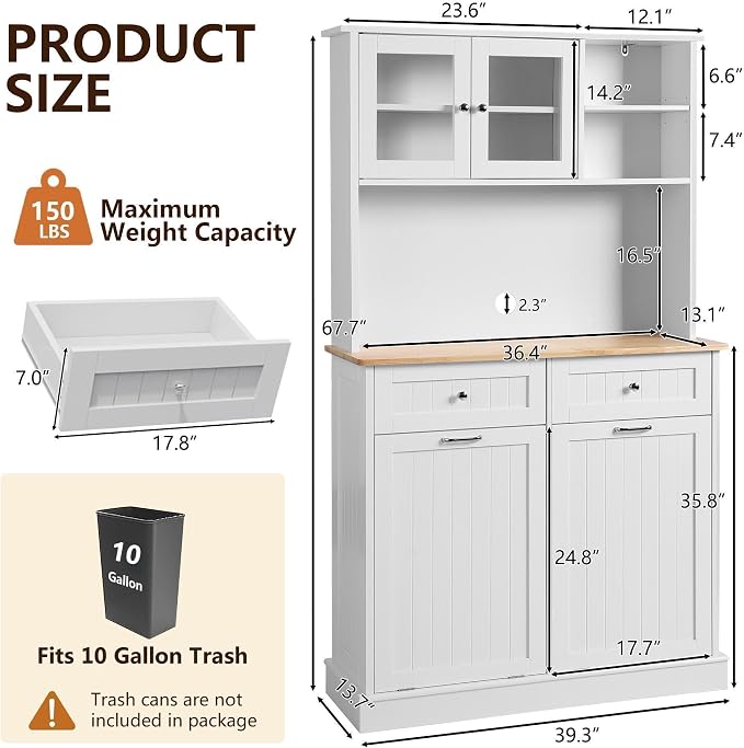 LOUVIXA 68.4" Kitchen Pantry Storage Cabinet, Freestanding Cupboard with Shelf, 2 Drawers and 1 Tilt Out Trash Cabinet, Tall Cabinets for Kitchen, Dinning Room, Living Room (White, Double Tilt)