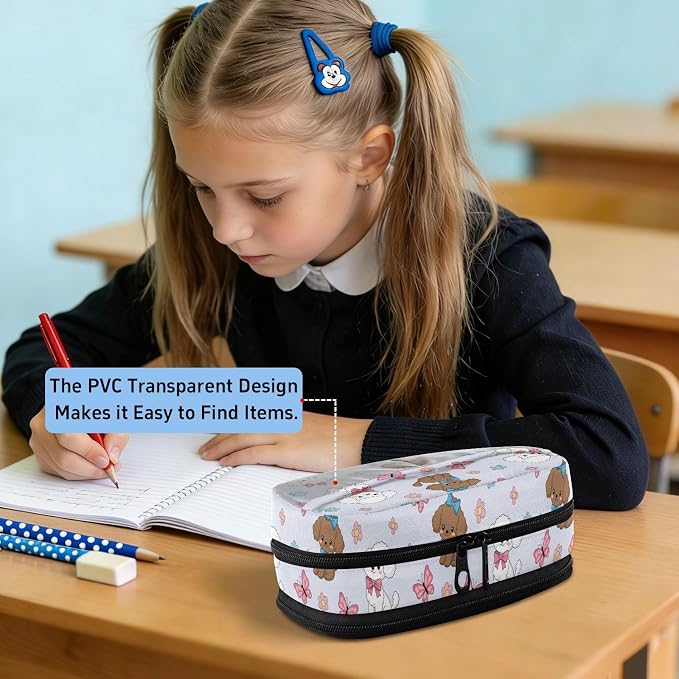Cute Pets Dogs Blue pattern Large Capacity Pencil Case with Zipper Water Resistant Portable Organizer Pen Bag for Students School Office