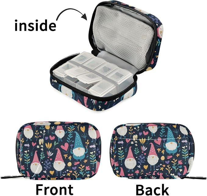 Fustylead Cute Gnome Hearts and Flowers Travel Pill Organizer Bag with Zipper Small Pill Box 7 Day Pill Case for Purse Storage Weekly Vitamin Medicine Supplement