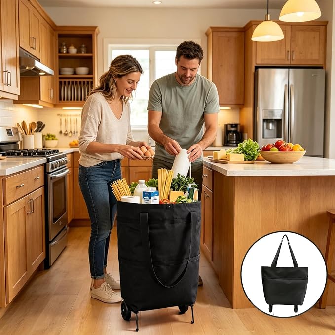 2-in-1 Foldable Shopping Cart - Rolling Utility Trolley | Groce | Wheeled Portable Design, Easy Fold Storage, Lightweight Sturdy Frame, Versatile Market Helper, Smooth Rolling Caster Wheels,