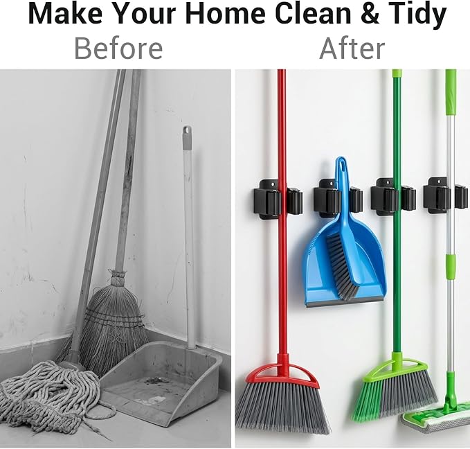 24 PCS Heavy Duty Broom Holder Wall Mount, Stainless Steel Broom Hanger Wall Mount with Screws - Black Mop & Garden Tool Organizer Rack for Garage, Kitchen, Laundry Room Storage
